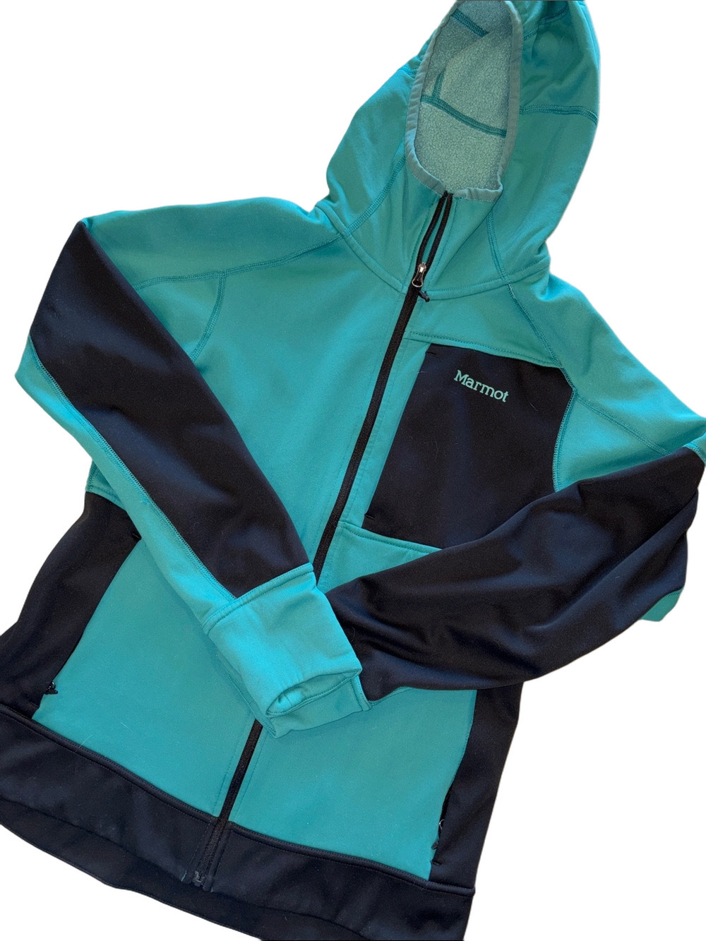 Marmot M Teal Black Colorblock Hooded Full Zip Fleece Jacket Outdoor Hiking